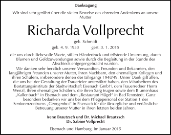 Traueranzeige von Richarda Vollprecht von Mitteldeutsche Zeitung Naumburg/Nebra