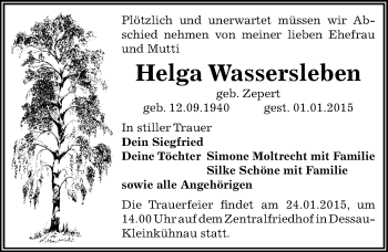 Traueranzeige von Helga Wassersleben von Mitteldeutsche Zeitung Dessau-Roßlau