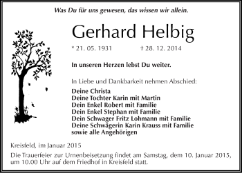 Traueranzeige von Gerhard Helbig von Mitteldeutsche Zeitung Mansfelder Land