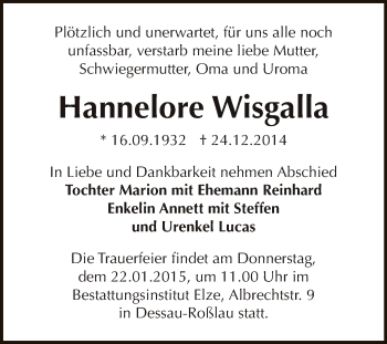 Traueranzeige von Hannelore Wisgalla von WVG - Wochenspiegel Dessau / Köthen