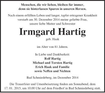 Traueranzeige von Irmgard Hartig von WVG - Wochenspiegel Wittenberg