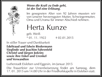 Traueranzeige von Herta Kunze von Mitteldeutsche Zeitung Mansfelder Land