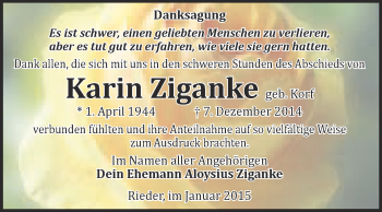 Traueranzeige von Karin Ziganke von Super Sonntag Quedlinburg