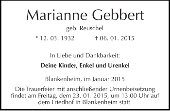 Traueranzeige von Marianne Gebbert von Mitteldeutsche Zeitung Sangerhausen
