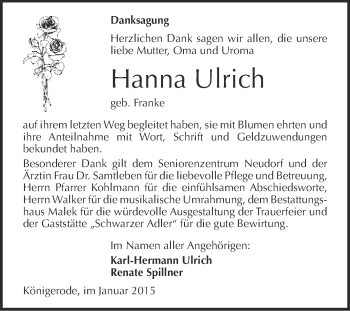 Traueranzeige von Hanna Ulrich von WVG - Wochenspiegel Quedlinburg