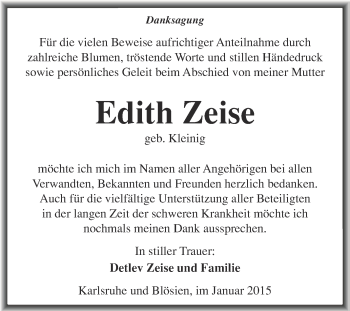 Traueranzeige von Edith Zeise von WVG - Wochenspiegel Merseburg