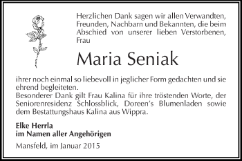 Traueranzeige von Maria Seniak von Super Sonntag SGH Mansf. Land