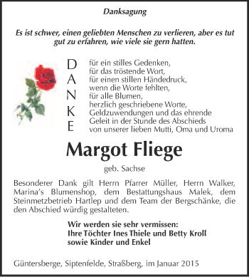 Traueranzeige von Margot Fliege von WVG - Wochenspiegel Quedlinburg