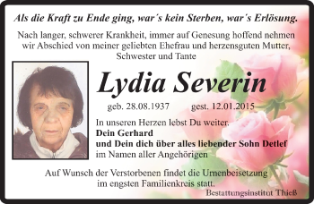 Traueranzeige von Lydia Severin von Mitteldeutsche Zeitung Quedlinburg