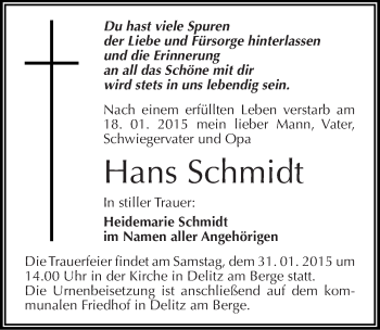 Traueranzeige von Hans Schmidt von Mitteldeutsche Zeitung Merseburg/Querfurt