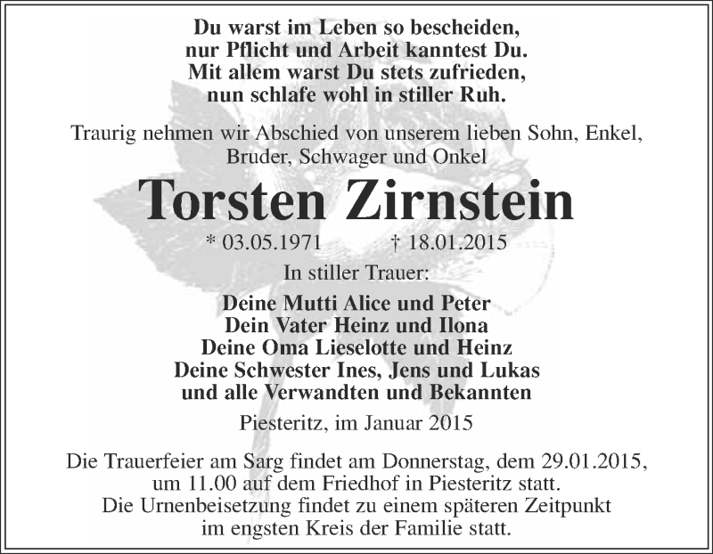  Traueranzeige für Torsten Zirnstein vom 25.01.2015 aus Super Sonntag Wittenberg