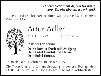 Traueranzeige von Artur Adler von Mitteldeutsche Zeitung Merseburg/Querfurt