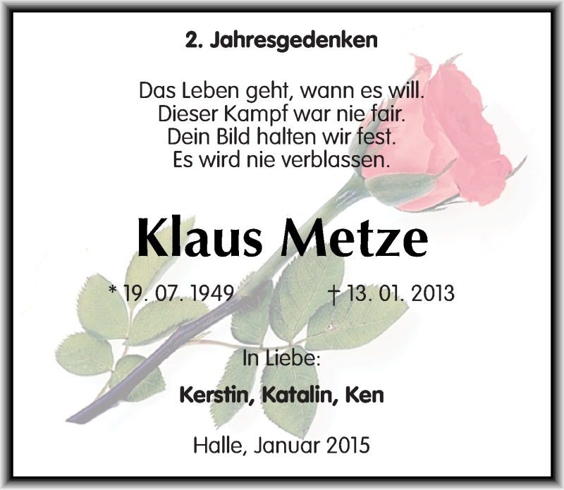  Traueranzeige für Klaus Metze vom 13.01.2015 aus Mitteldeutsche Zeitung