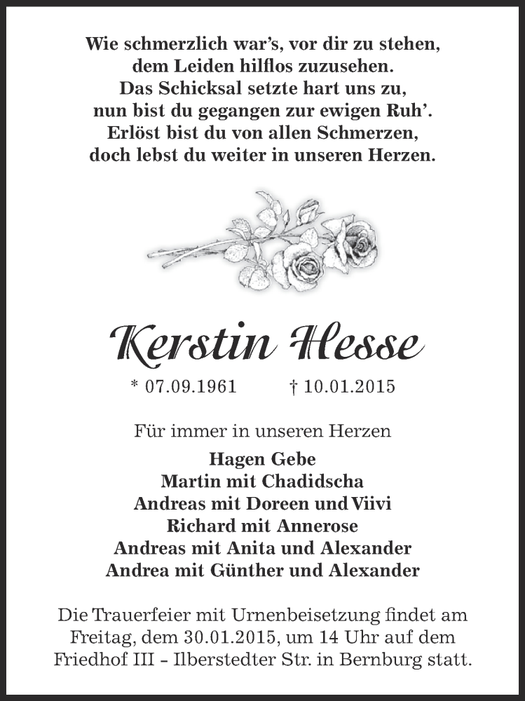  Traueranzeige für Kerstin Hesse vom 18.01.2015 aus Super Sonntag Bernburg