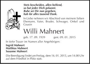 Traueranzeige von Willi Mahnert von Mitteldeutsche Zeitung