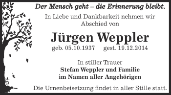 Traueranzeige von Jürgen Weppler von WVG - Wochenspiegel Dessau / Köthen