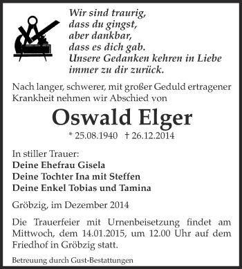 Traueranzeige von Oswald Elger von WVG - Wochenspiegel Dessau / Köthen