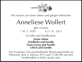Traueranzeige von Anneliese Wollert von Mitteldeutsche Zeitung Halle/Saalkreis
