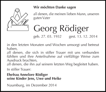 Traueranzeige von Georg Rödiger von Mitteldeutsche Zeitung Naumburg/Nebra