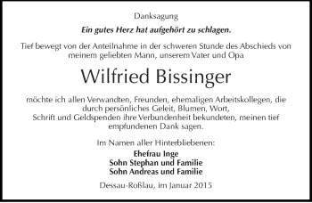 Traueranzeige von Wilfried Bissinger von Mitteldeutsche Zeitung Dessau-Roßlau