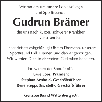 Traueranzeige von Gudrun Brämer von Super Sonntag Wittenberg