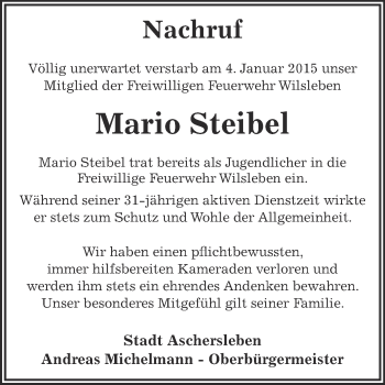 Traueranzeige von Mario Steibel von Super Sonntag Aschersleben