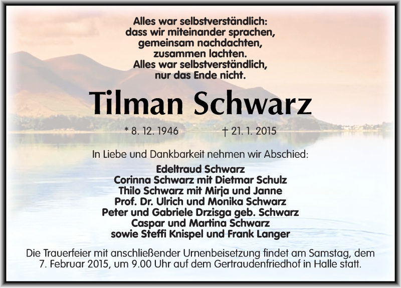  Traueranzeige für Tilman Schwarz vom 24.01.2015 aus Mitteldeutsche Zeitung Halle/Saalkreis