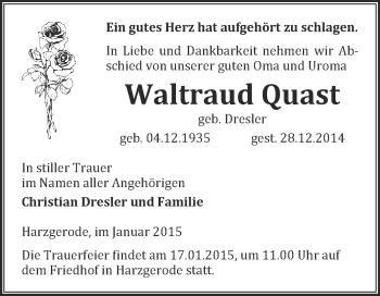 Traueranzeige von Waltraud Quast von Super Sonntag Quedlinburg
