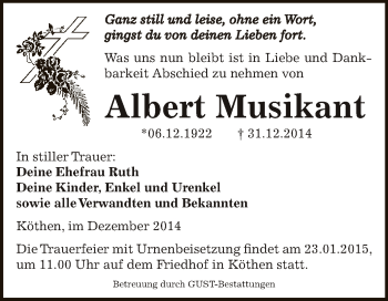 Traueranzeige von Albert Musikant von WVG - Wochenspiegel Dessau / Köthen