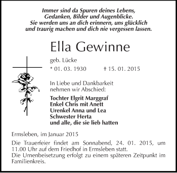 Traueranzeige von Ella Gewinne von Mitteldeutsche Zeitung Quedlinburg