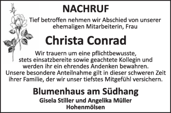 Traueranzeige von Christa Conrad von WVG - Wochenspiegel NMB / WSF / ZTZ