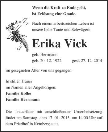 Traueranzeige von Erika Vick von Super Sonntag Wittenberg