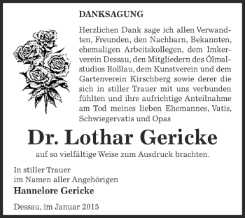 Traueranzeige von Lothar Gericke von WVG - Wochenspiegel Dessau / Köthen