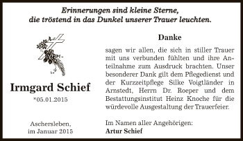 Traueranzeige von Irmgard Schief von Super Sonntag Aschersleben