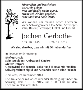 Traueranzeige von Jochen Gerbothe von Mitteldeutsche Zeitung Quedlinburg