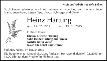 Traueranzeige von Heinz Hartung von Mitteldeutsche Zeitung Naumburg/Nebra