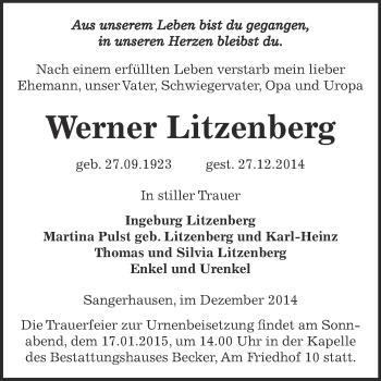 Traueranzeige von Werner Litzenberg von Super Sonntag SGH Mansf. Land