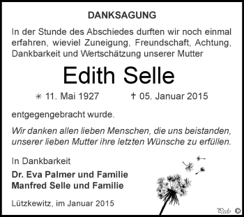 Traueranzeige von Edith Selle von Super Sonntag Zeitz