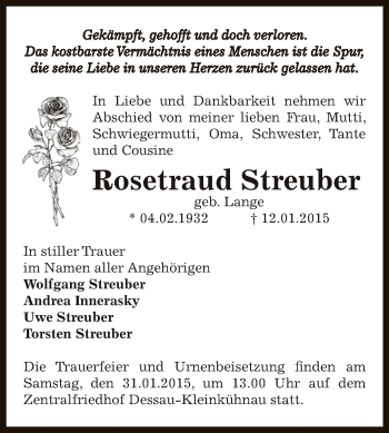 Traueranzeige von Rosetraud Streuber von WVG - Wochenspiegel Dessau / Köthen