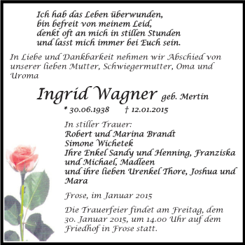Traueranzeige von Ingrid Wagner von Super Sonntag Aschersleben