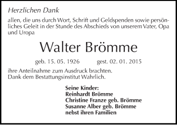 Traueranzeige von Walter Brömme von Mitteldeutsche Zeitung Mansfelder Land