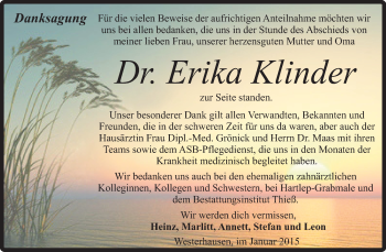 Traueranzeige von Erika Klinder von Super Sonntag Quedlinburg