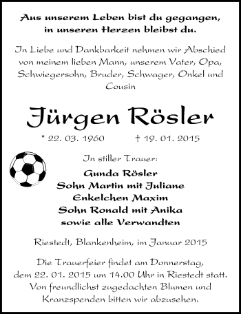 Traueranzeige von Jürgen Rösler von Mitteldeutsche Zeitung Sangerhausen