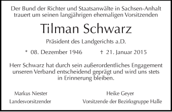 Traueranzeige von Tilman Schwarz von Mitteldeutsche Zeitung Halle/Saalkreis