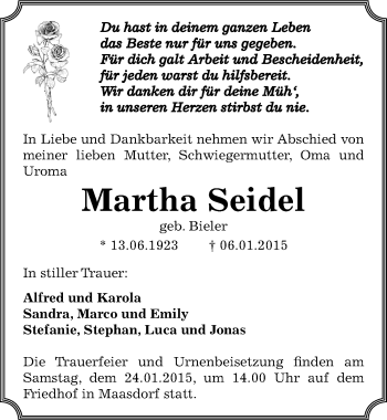 Traueranzeige von Martha Seidel von Mitteldeutsche Zeitung Köthen