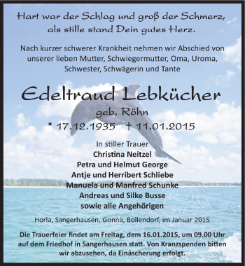 Traueranzeige von Edeltraut Lebkücher von Mitteldeutsche Zeitung Sangerhausen