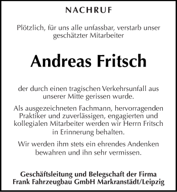 Traueranzeige von Andreas Fritsch von Mitteldeutsche Zeitung Merseburg/Querfurt