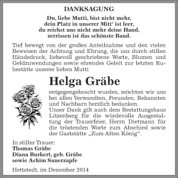 Traueranzeige von Helga Gräbe von Super Sonntag SGH Mansf. Land