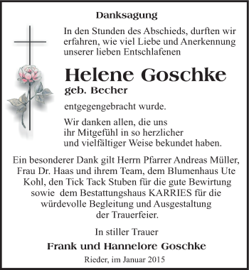 Traueranzeige von Helene Goschke von Mitteldeutsche Zeitung Quedlinburg
