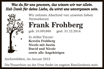 Traueranzeige von Frank Frohberg von Super Sonntag Aschersleben